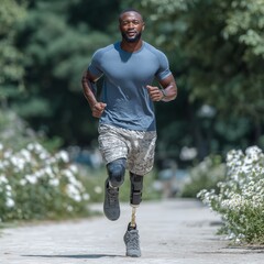 A black man with a prosthetic leg runs in a park on a summer day