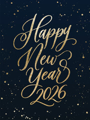 Elegant Happy New Year 2026 greeting card with gold calligraphy on dark background. Perfect for festive invitations, posters, and holiday designs. Vector
