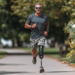Man with prosthetic leg runs in park on summer day
