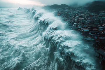A powerful typhoon can be seen approaching a coastal city, characterized by swirling clouds and extensive rain bands. Below, turbulent waves crash against the shoreline, creating chaos