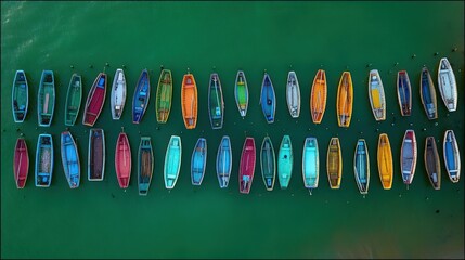 Colorful boats docked in row coastal waters aerial view vibrant scene maritime concept