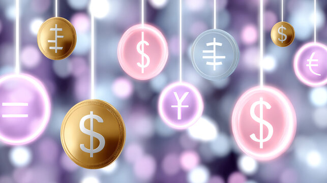 Hanging currency symbols on colorful glowing circles representing global finance and digital economy