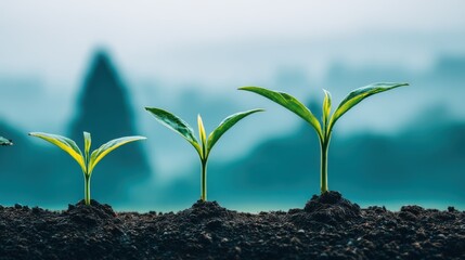 Nurturing green growth young plants sprouting in lush soil under soft morning light