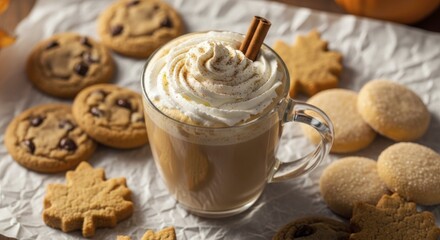 Cozy Autumn Delight: Warm Latte with Whipped Cream, Cinnamon Sticks, and Assorted Fall Cookies on White Parchment Paper.