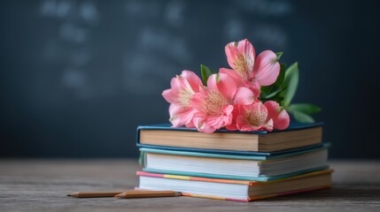 Books stacked with pink flowers on a wooden desk cozy study environment close-up view creative concept
