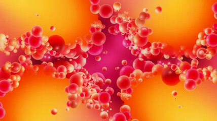 Cluster of red and pink spheres on a vibrant orange and pink gradient background abstract bubbles