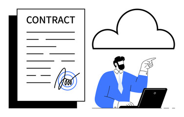 Signed contract and businessman working on laptop pointing to cloud. Ideal for business, technology, e-signature, remote work, cloud storage, digital transformation, legal documentation. Modern flat