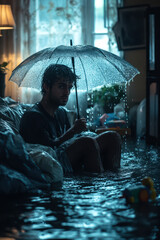 A man is seated on a submerged couch in a flooded room, holding an umbrella as water streams down walls, with furniture and toys drifting around him due to the flood