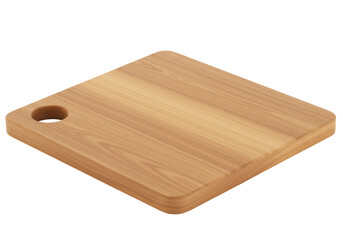 Isolated square cutting board made of wood for culinary use in the kitchen at an angle