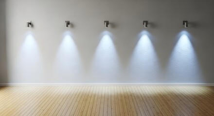 Five modern wall lights casting bright beams on a textured wall