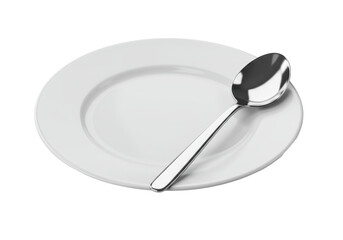 Isolated empty white plate with spoon for breakfast lunch or dinner food presentation