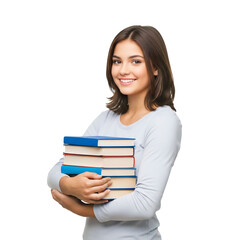 Fototapeta premium Young woman holding a stack of books isolated on transparent background