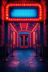 A vibrant retro-style cinema stands bright at night, showcasing a blank marquee outlined in red and blue neon lights. The entrance features elegant velvet ropes, copy space