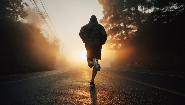 Silhouette of a Male Athlete Running on an Empty Road at Sunrise in a Foggy Environment - Powered by Adobe