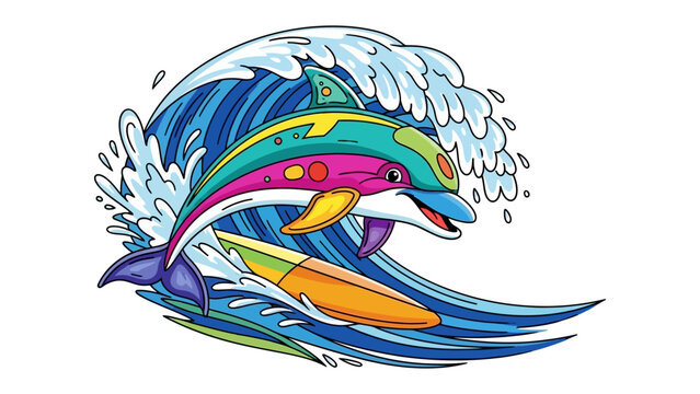 Dolphin Surfing the Wave: A vibrantly colored illustration depicts a playful dolphin expertly surfing a powerful wave, evoking a sense of joy and aquatic adventure.