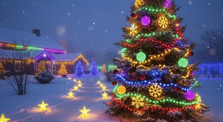 Magical Winter Wonderland with Vibrant Christmas Lights, Decorated Houses, and Snowy Landscape under Falling Snowflakes