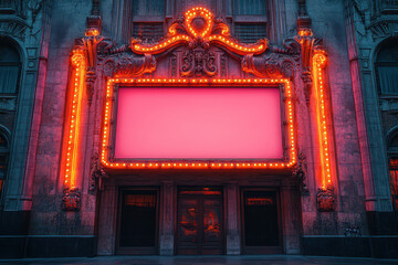 Colorful theater facade features an ornate Art Deco design illuminated by bright lights. The blank marquee invites future performances, creating a captivating urban atmosphere, copy space