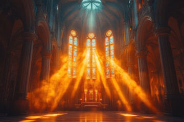 Golden sunlight pours through towering stained-glass windows into the grand cathedral, casting colorful reflections over marble pillars and illuminating the ornate altar beautifully