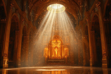 Golden light streams through the ceiling of the grand cathedral, illuminating a central altar. Sparkling particles dance in the air, creating a tranquil and sacred atmosphere