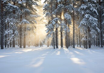 冬の白銀の森、朝日が輝く針葉樹林