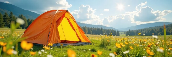 A brightly colored tent pitched in a sun-drenched meadow, surrounded by wildflowers, exuding a sense of carefree joy and outdoor adventure , meadow, vibrant