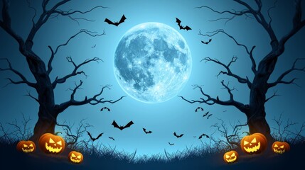 Eerie halloween landscape with barren trees, fog, and a full moon in the spooky night sky