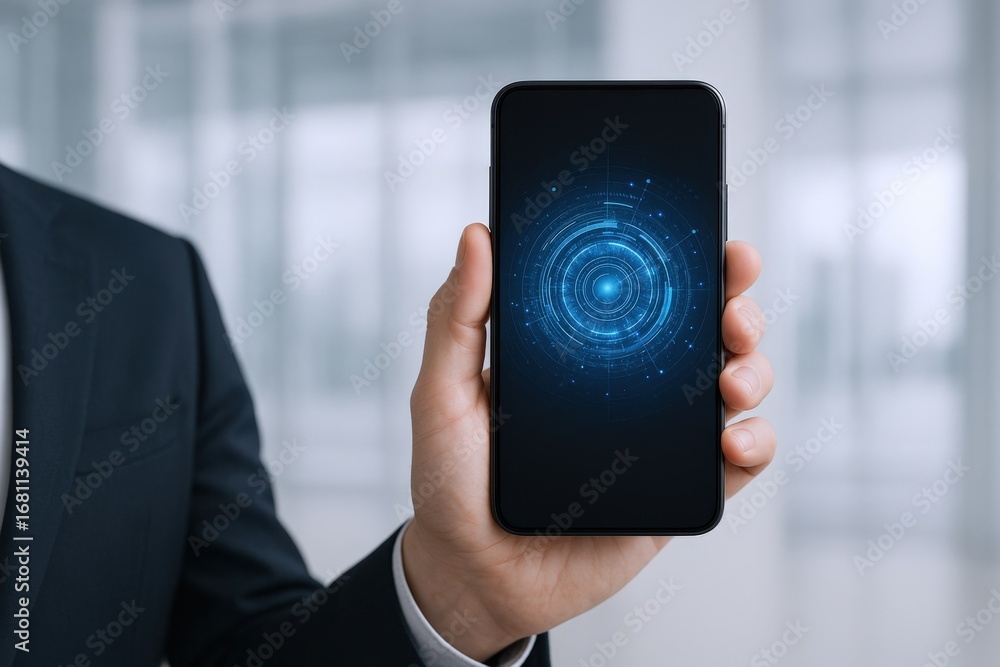 Poster modern smartphone displaying futuristic technology interface in hand, representing innovation and co