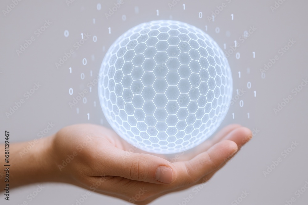 Poster hand holding digital security shield: cyber protection, data encryption and secure network concepts