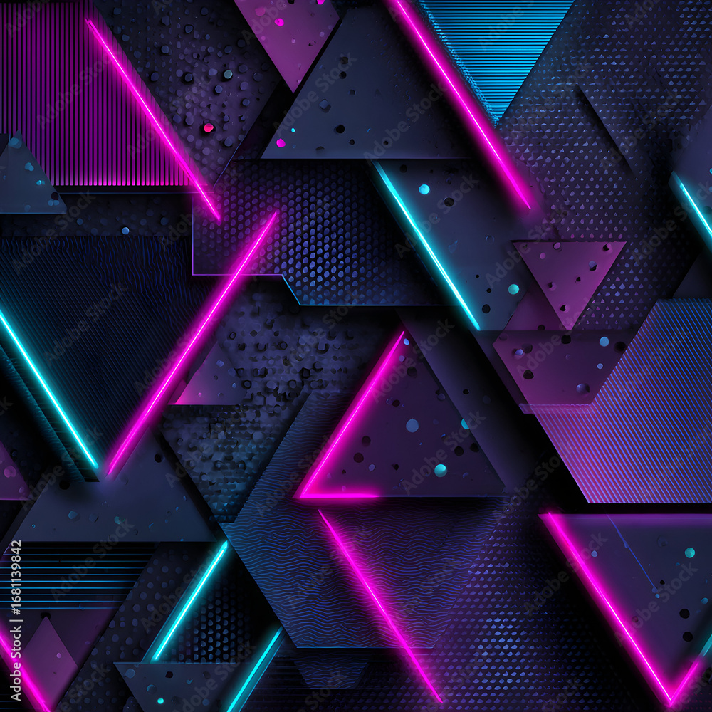 Poster abstract triangles glow with neon colors against a dark textured surface, creating a futuristic and 