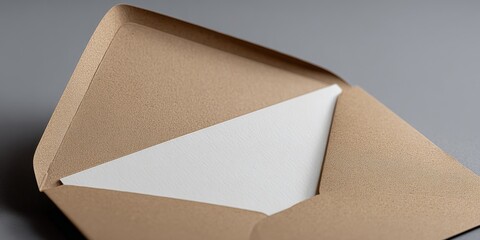 Open Brown Envelope with White Paper Inside, Mockup for Invitation or Greeting Card