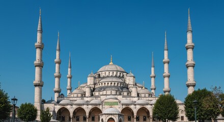 Blue Mosque Istanbul exterior with minarets under clear blue sky