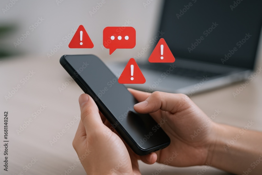 Poster smartphone user encountering error messages and security alerts on mobile device, highlighting poten
