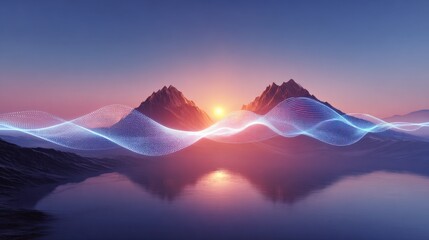 Abstract Mountain Landscape with Wavy Lines and Reflection, Representing Digital Technology and Modern Design