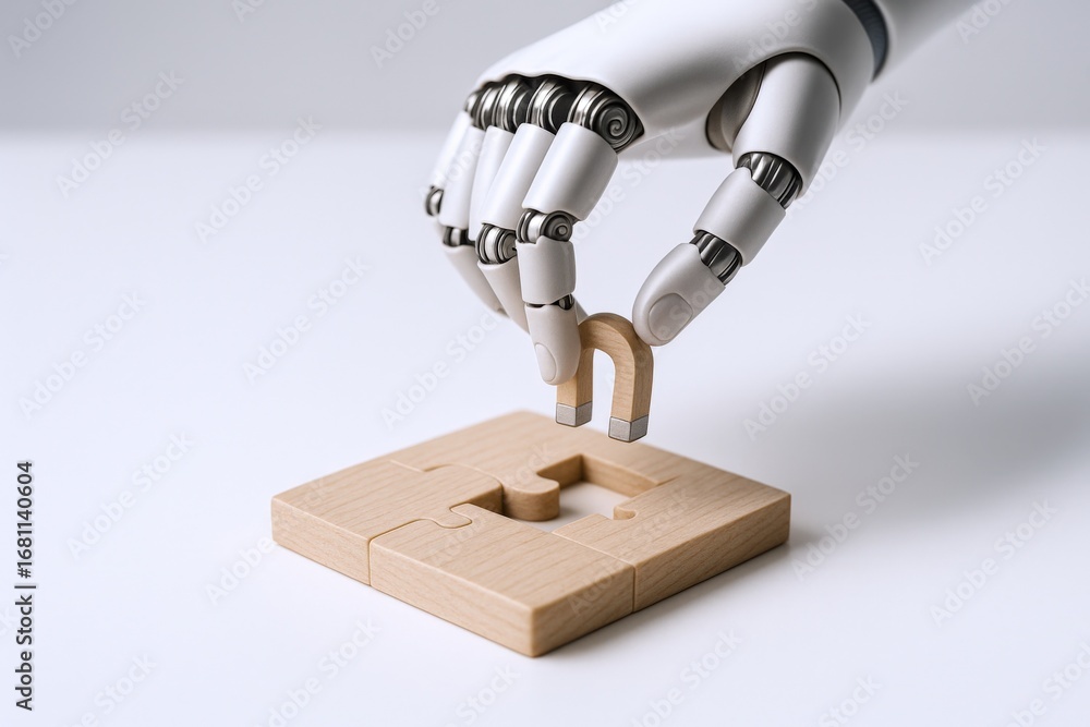 Aufkleber ai assembling puzzle: robotic arm completing a wooden jigsaw, symbolizing connection and technologic