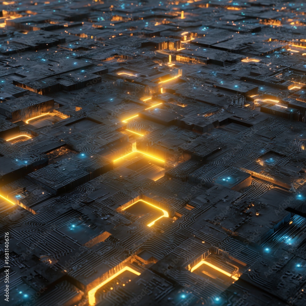 Poster cybernetic nexus: an intricate landscape of interconnected circuits and pathways pulses with vibrant