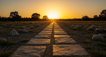 Fototapeta premium Golden sunset illuminates a stone path leading through a field with scattered rocks and trees