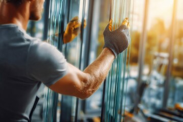 Glass Worker Inspecting and Handling Multiple Glass Panels in a Bright, Modern Workshop Environment