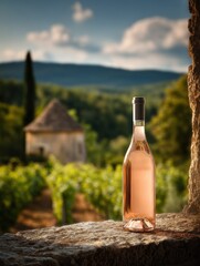 Elegant Ros&eacute; Wine Bottle Displayed Against a Picturesque Vineyard Backdrop, Perfect for Wine Tourism Promotion