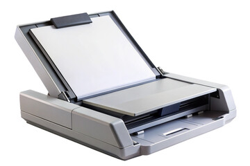 Isolated document scanner with open lid and paper ready for scanning digitalization transparent background