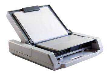 Isolated document scanner with open lid and paper ready for scanning digitalization transparent background
