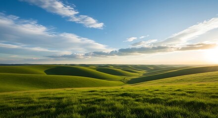 Obraz premium Rolling Hills Under Blue Sky: A breathtaking panorama of undulating green hills stretching towards the horizon under a vast, azure sky, filled with fluffy white clouds.
