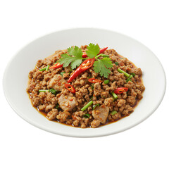 Fototapeta premium Delicious Spicy Minced Meat Dish Garnished with Green Herbs and Red Chilies on a White Plate