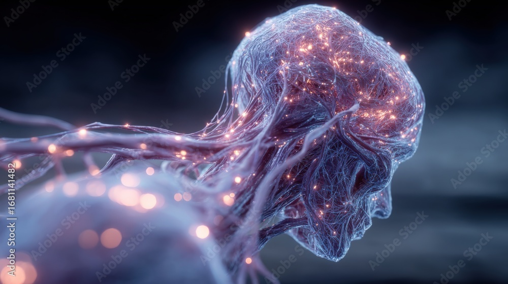 Poster human form with neural network, representing artificial intelligence and advanced connectivity in a 