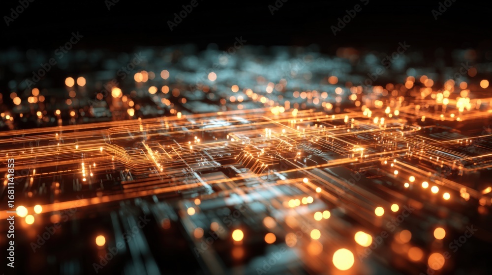 Poster abstract circuit board design with glowing pathways for technology, connectivity, and future innovat