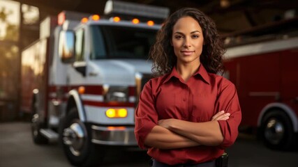 Firefighter standing confidently in front of emergency vehicle during golden hour at the fire station