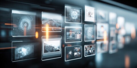 Abstract Digital Interface Displaying Data and Media Content in an Array, Representing Technology and Connectivity