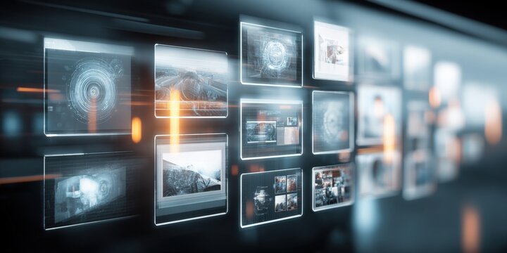 Abstract Digital Interface Displaying Data and Media Content in an Array, Representing Technology and Connectivity