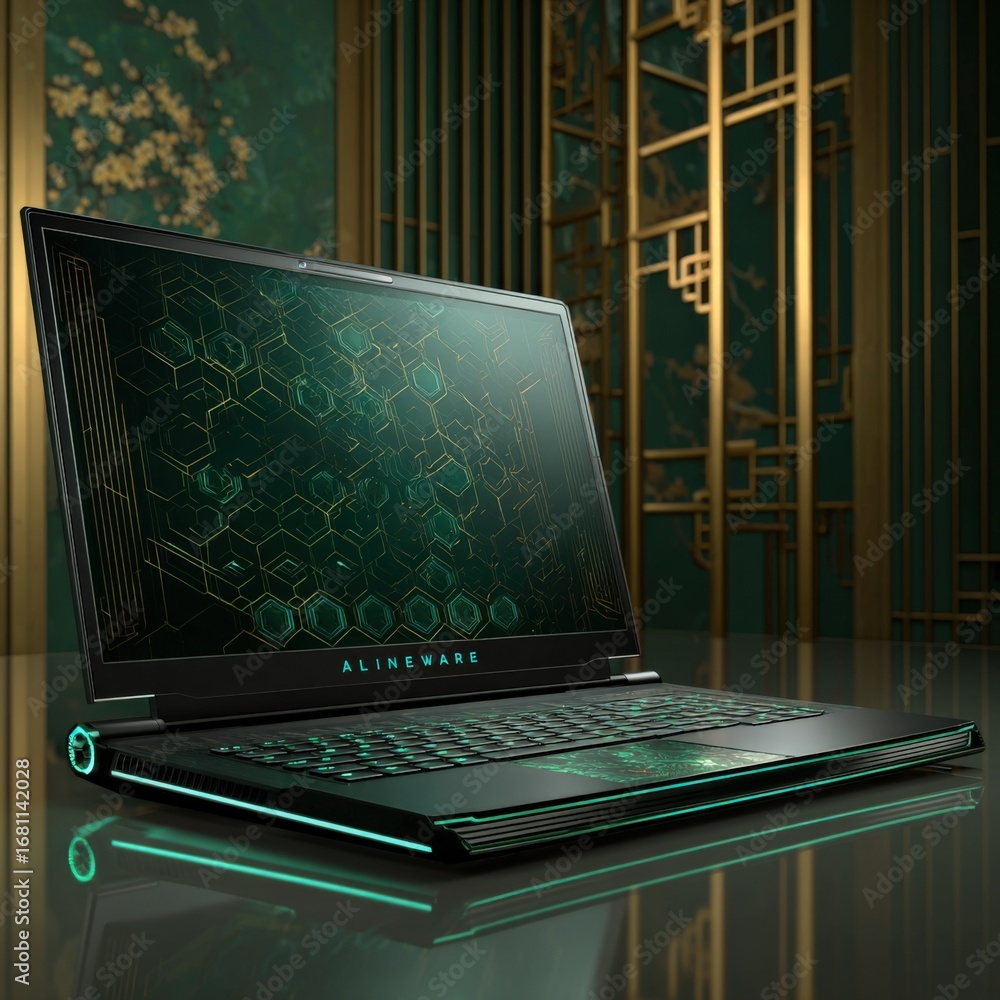 Poster sleek gaming laptop displaying a high-tech interface against an elegant studio backdrop with reflect
