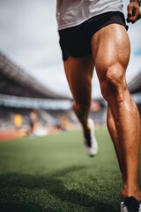 Athlete's Muscular Legs in Motion: Running on Track for Fitness and Performance, Close-up Perspective