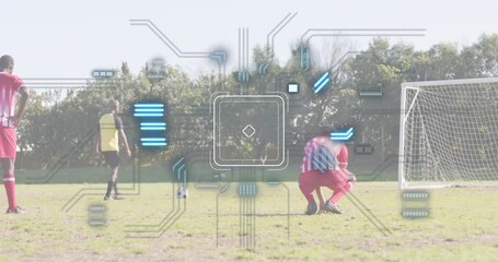 Soccer player in yellow jersey placing ball triggers tech overlay tracking free kick toward goal - Powered by Adobe